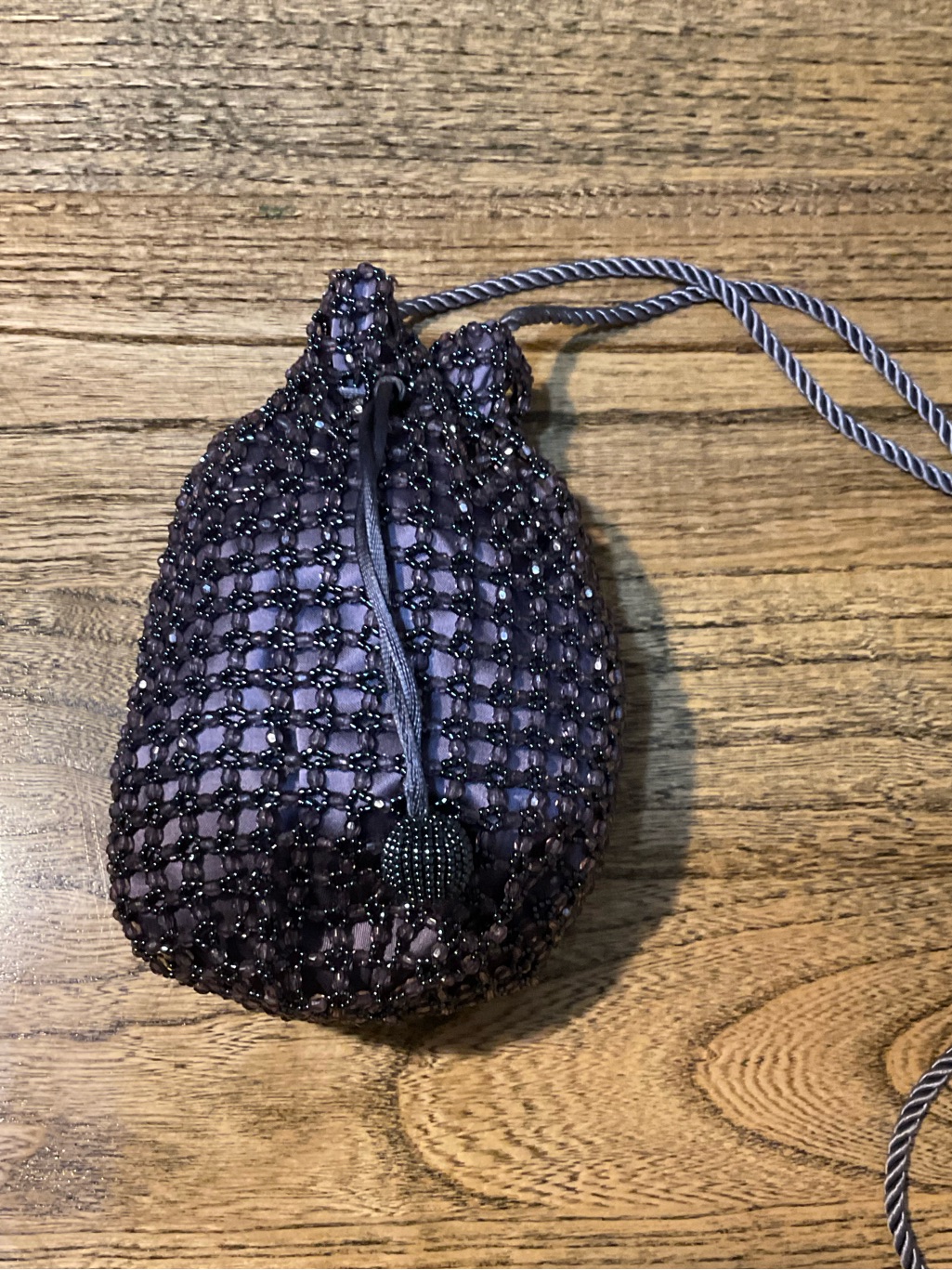 Bechamel Vintage Beaded Mesh Evening Pouch Drawstring Bag W/ Satin Lining, Euc